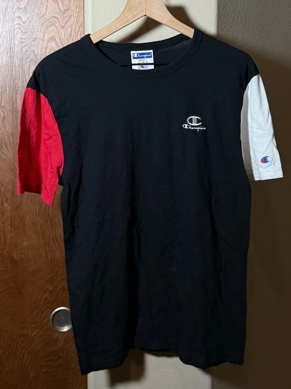 Vintage Champion Colorblock T-Shirt Black Red White Small Y2K - Picture 2 of 5